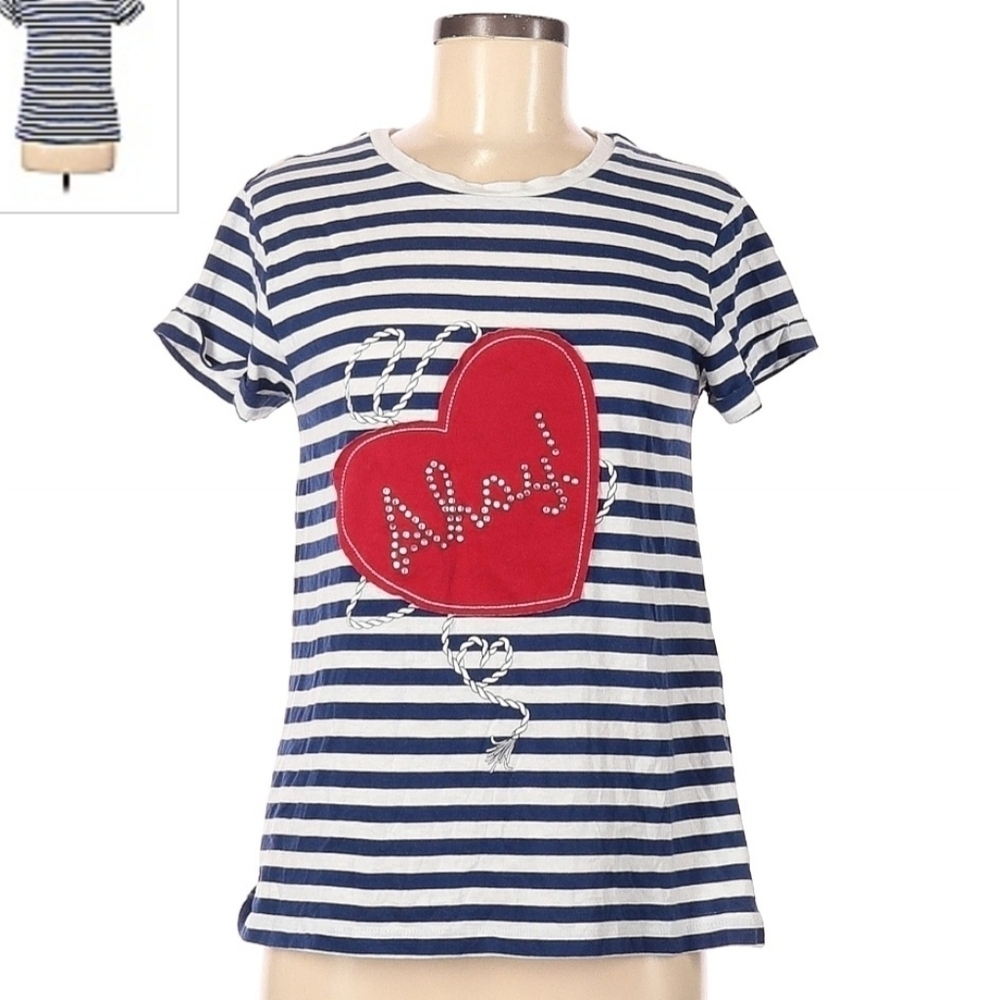 Newport News Nautical Blue White Striped "Ahoy" Top Tee T-Shirt Women's Medium M